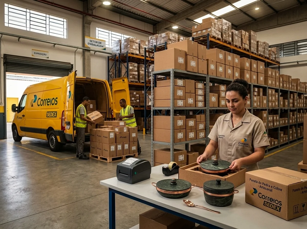 Equipe embalando panelas de pedra sabão no setor de expedição para envio pelos Correios